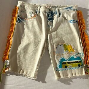 GAUDY CHIC boutique designed Happy Camper shorts with fringe & western conches.